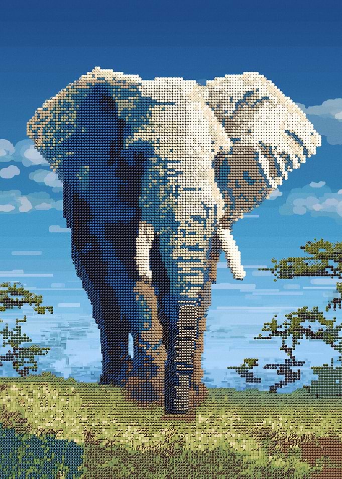 Pixelated Elephant in Savanna Landscape
