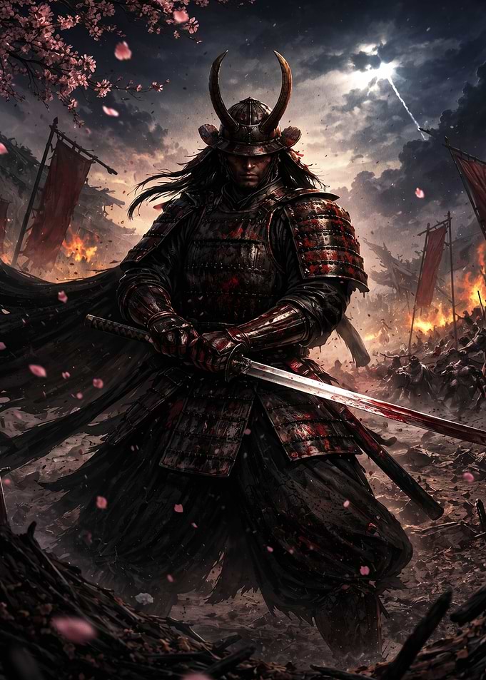 Blood-Stained Samurai Warrior on Battlefield