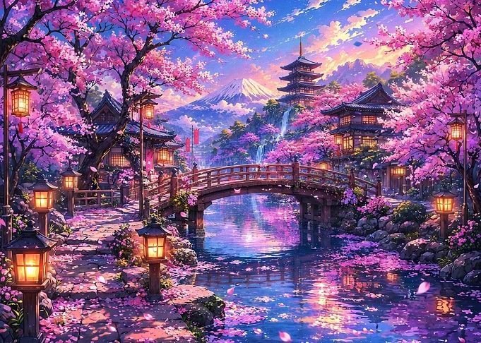 Mount Fuji and Sakura Garden Scene