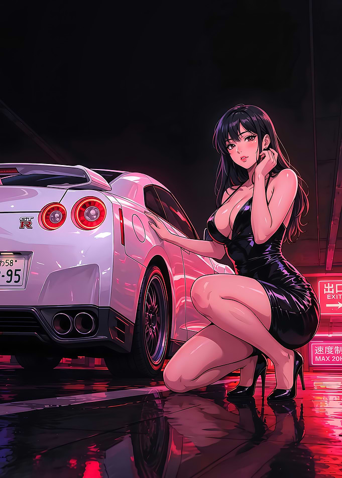 cute Anime Girl with Nissan GT-R car poster