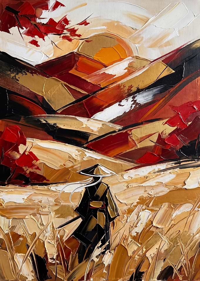 Samurai in Golden Field Impasto Painting