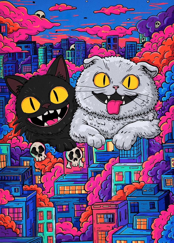 Vibrant Cartoon Cats Over Colorful Cityscape
