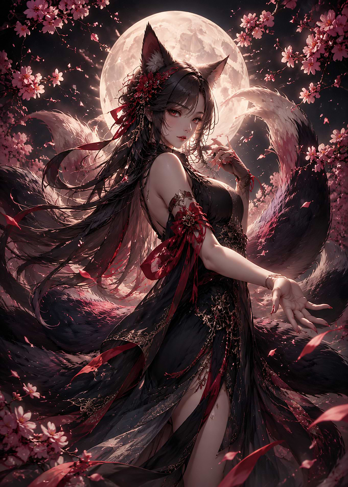 Kitsune Girl Under Full Moon and Sakura