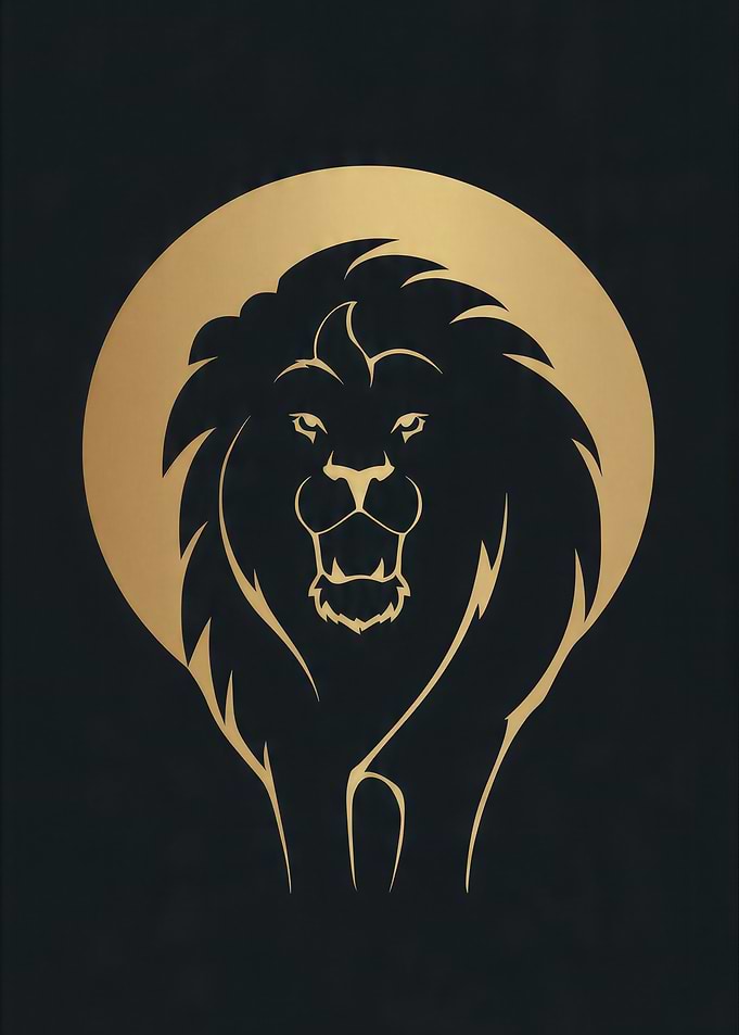 Golden Lion Silhouette on Black Background