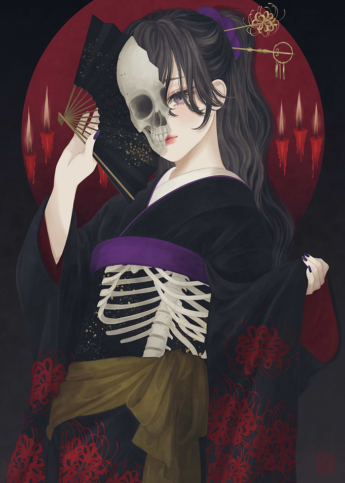 Gothic Anime Girl with Skull Face and Kimono