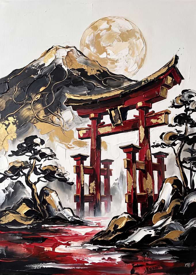 Abstract Japanese Landscape with Torii Gate