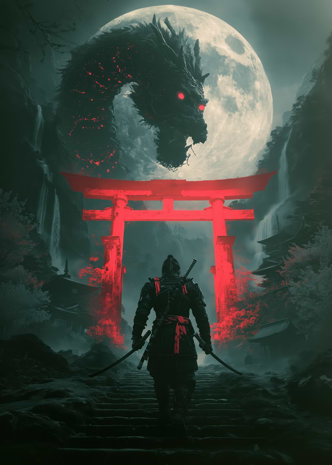 Samurai Facing Dragon Under Torii Gate