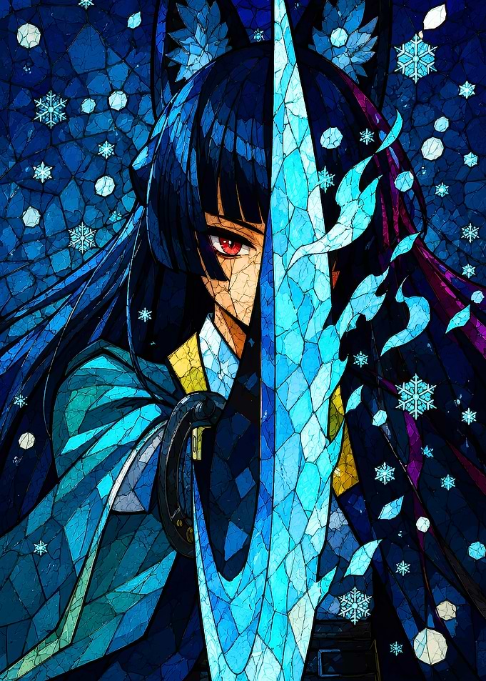 Stained Glass Anime Girl with Ice Sword
