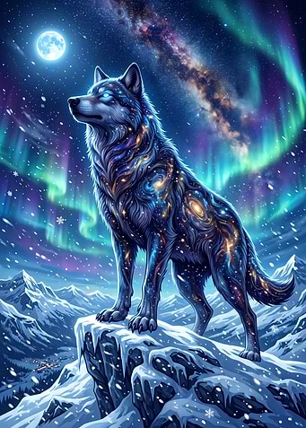 Celestial Wolf Under Northern Lights