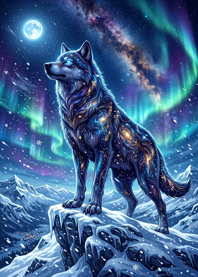 Celestial Wolf Under Northern Lights