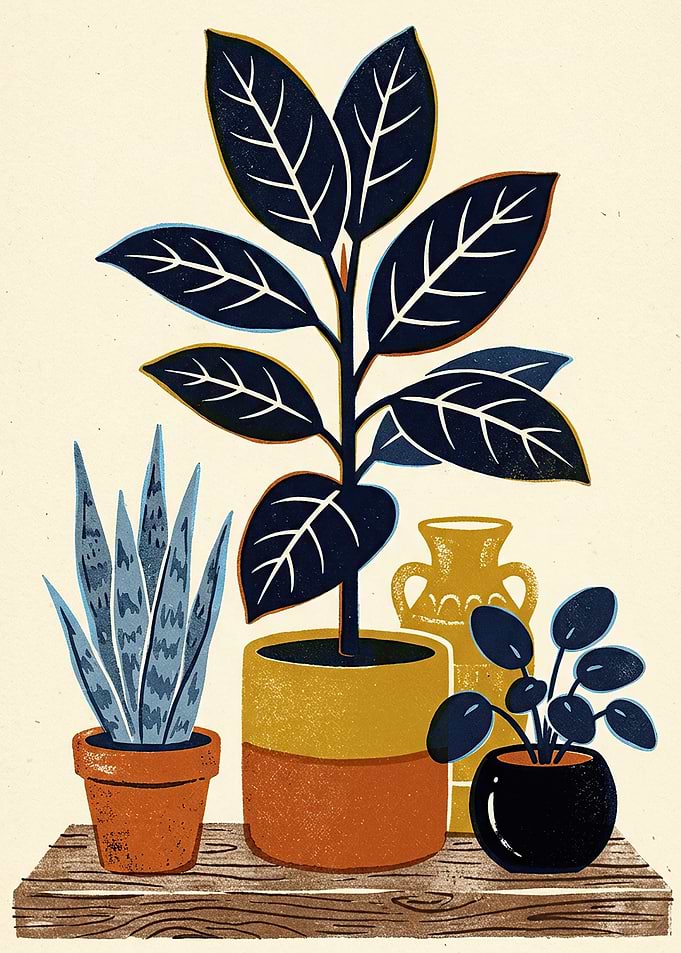 Stylized Potted Plants on Wooden Shelf