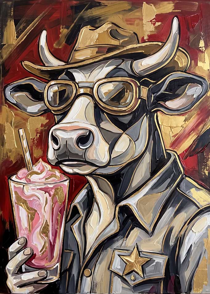 Cool Cowboy Cow with Milkshake