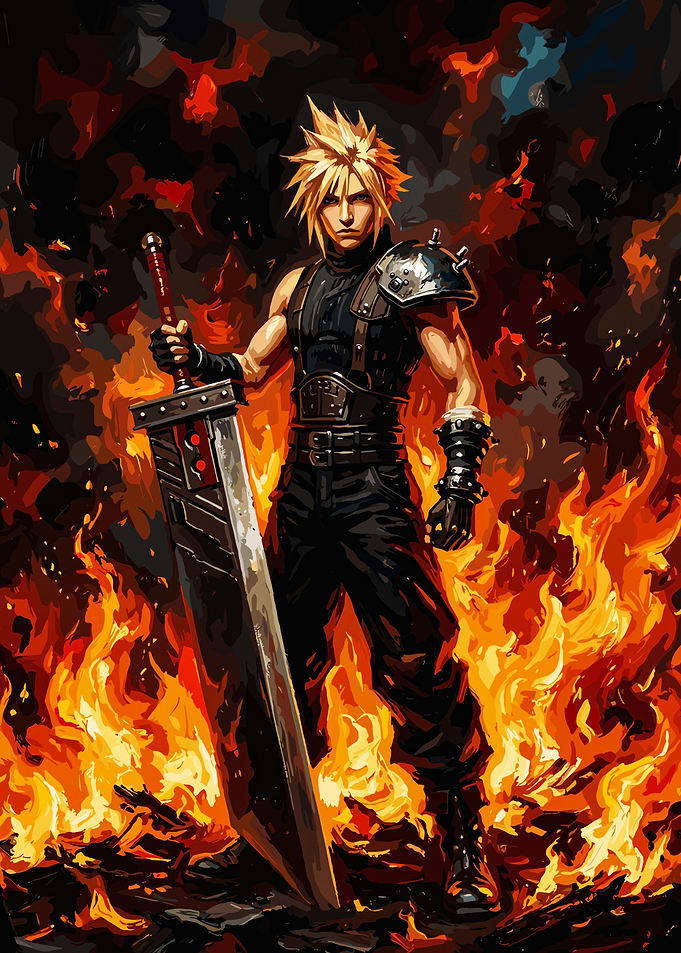 Cloud Strife with Buster Sword in Flames