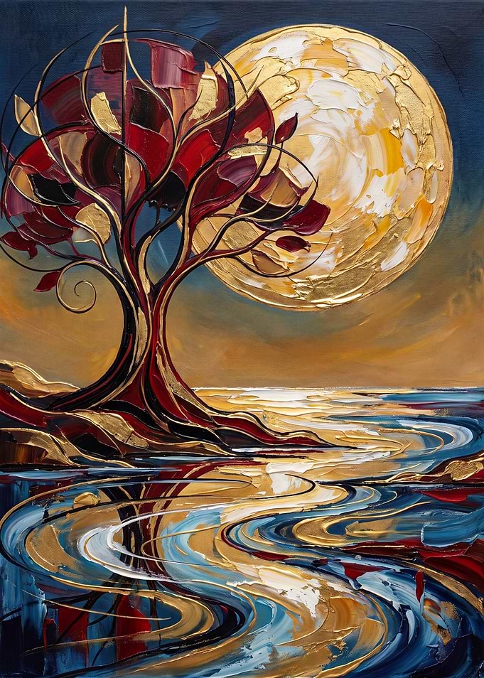 Abstract Golden Moon and Red Tree Painting