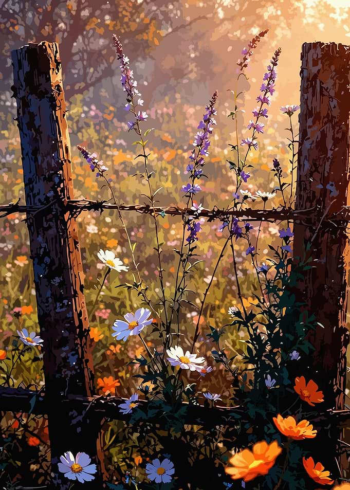 Wildflowers by a Rustic Wooden Fence