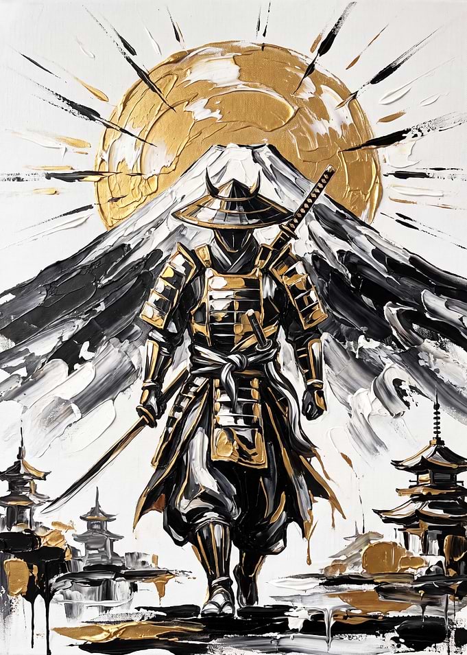 Golden Samurai Warrior with Mount Fuji