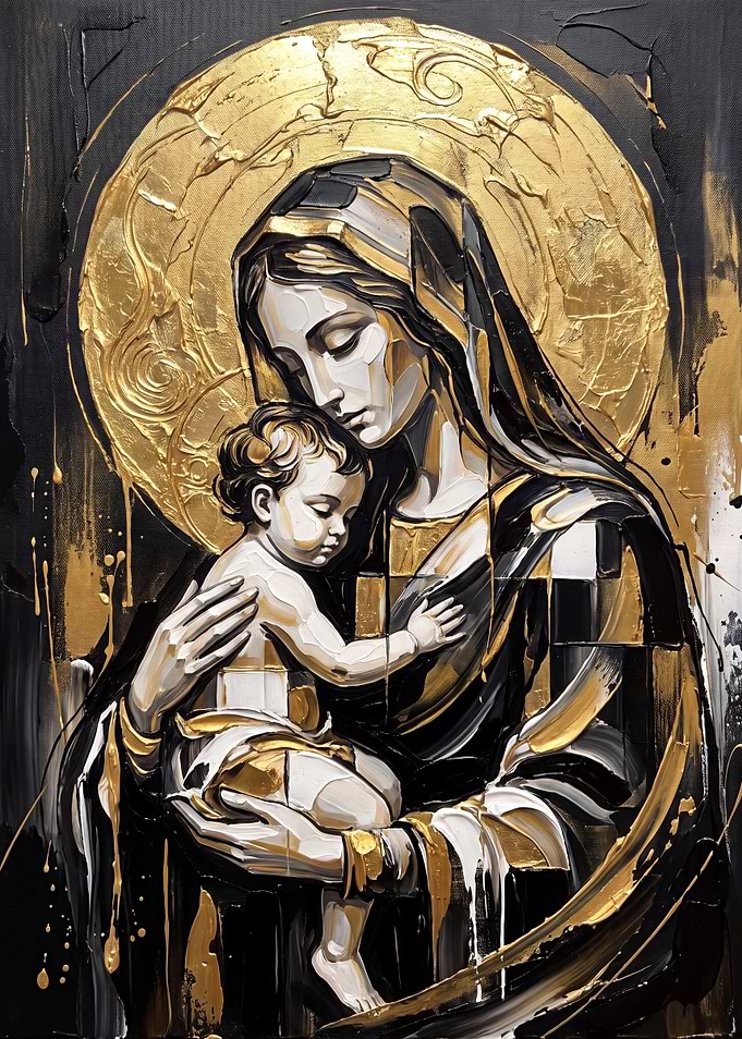 Modern Madonna and Child Gold Painting