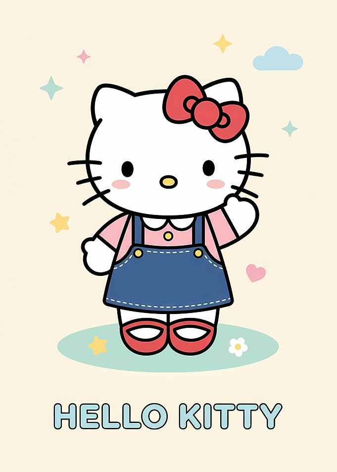 Hello Kitty Waving in Blue Overalls