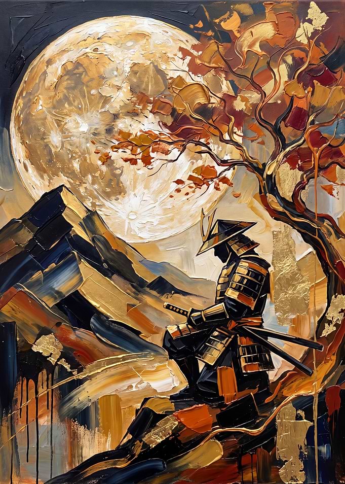 Samurai Meditating Under a Golden Moon