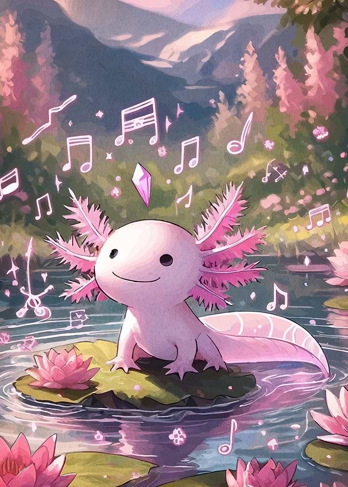 Musical Pink Axolotl in a Magical Pond