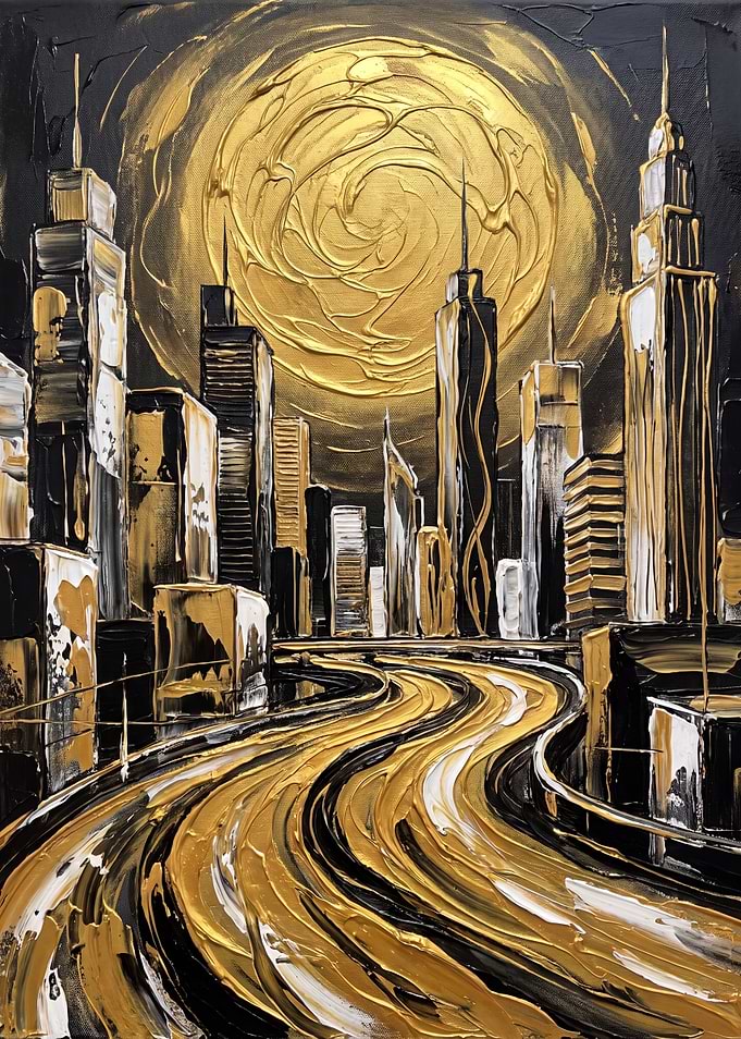 Golden Abstract Cityscape with Winding Road