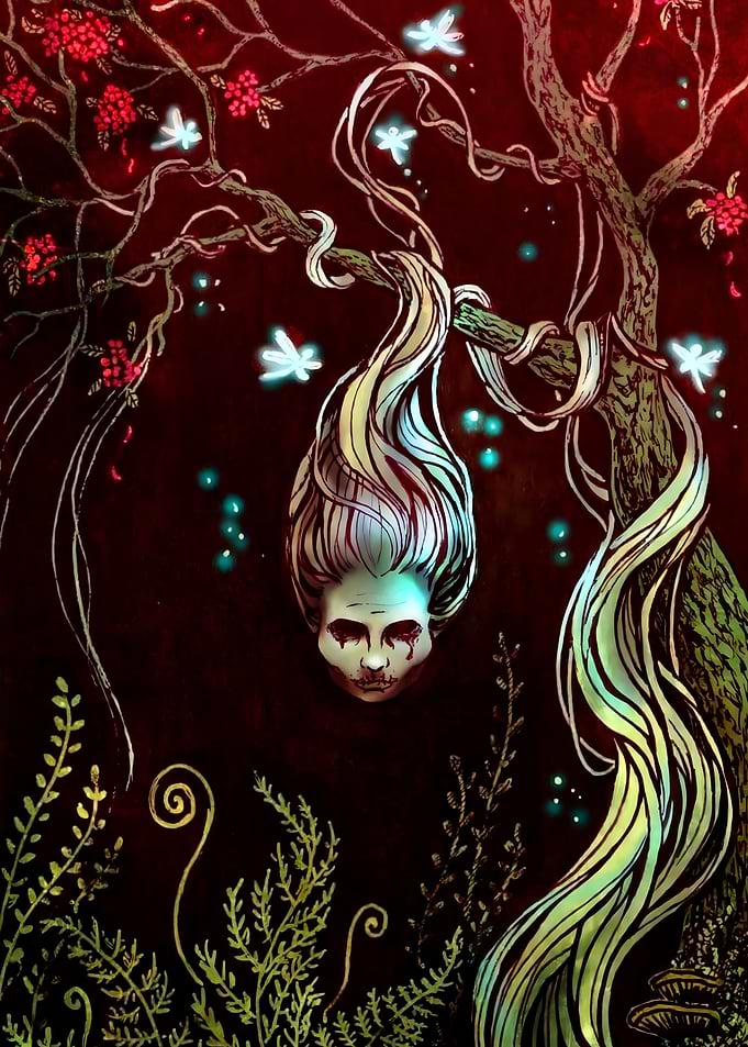 Eerie Forest Spirit with Glowing Fairies