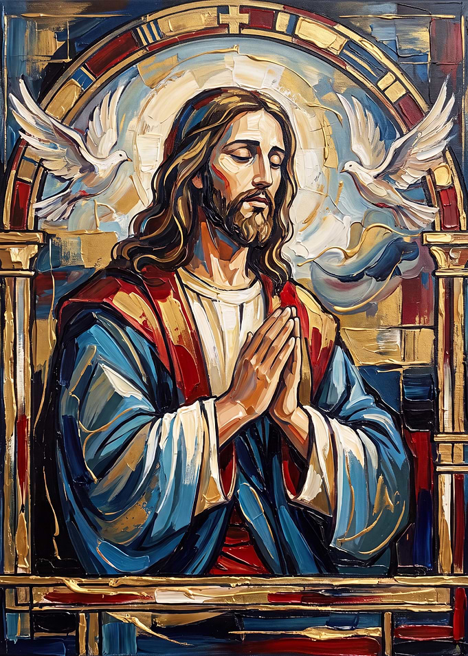 Jesus Christ Praying with Doves Painting