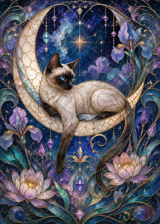 Siamese Cat on Crescent Moon Stained Glass Art
