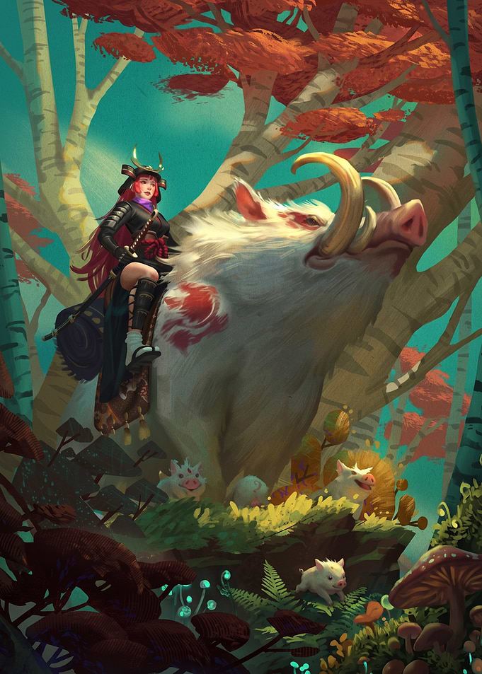 Samurai Warrior Riding a Giant White Boar