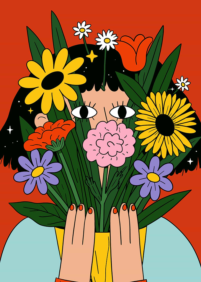 Girl Holding Bouquet of Colorful Flowers