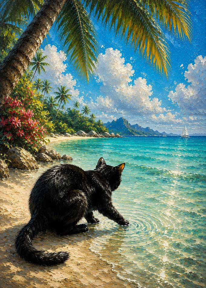 Black Cat Touching Tropical Ocean Water