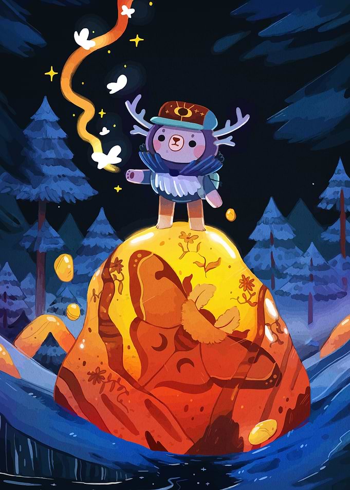 Cute Creature Standing on Amber Stone