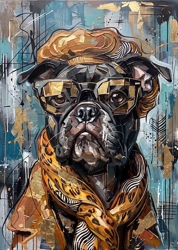 Stylish Bulldog Portrait with Gold Accents