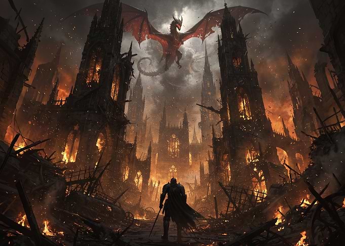 Knight Facing Dragon in Burning Ruins