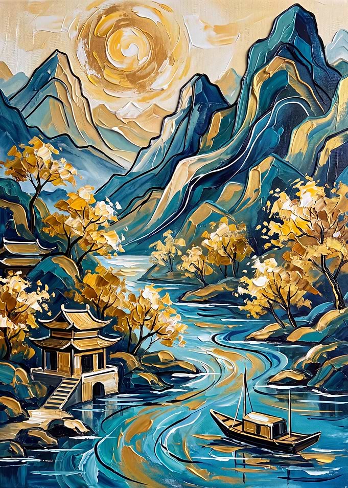 Golden Mountain Landscape with Pagoda