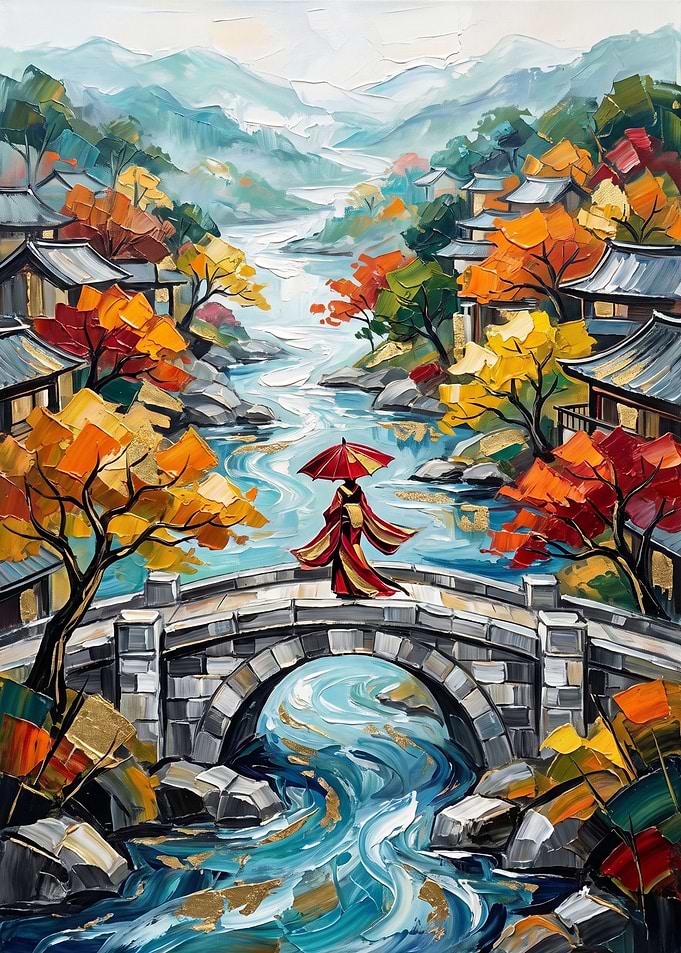 Woman in Kimono on Stone Bridge