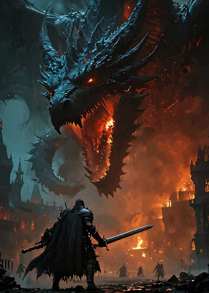 Knight Facing a Fire-Breathing Dragon