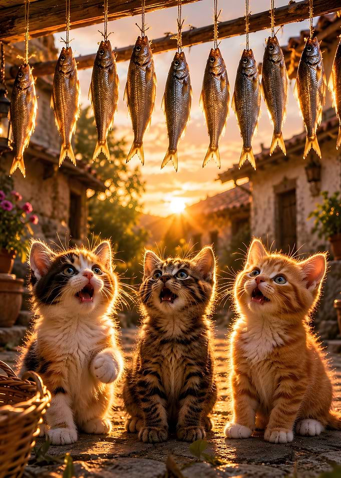 Three Kittens Gazing at Hanging Fish