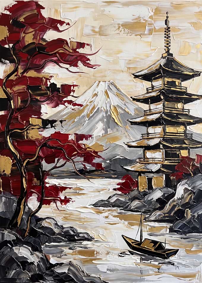 Textured Japanese Landscape with Pagoda