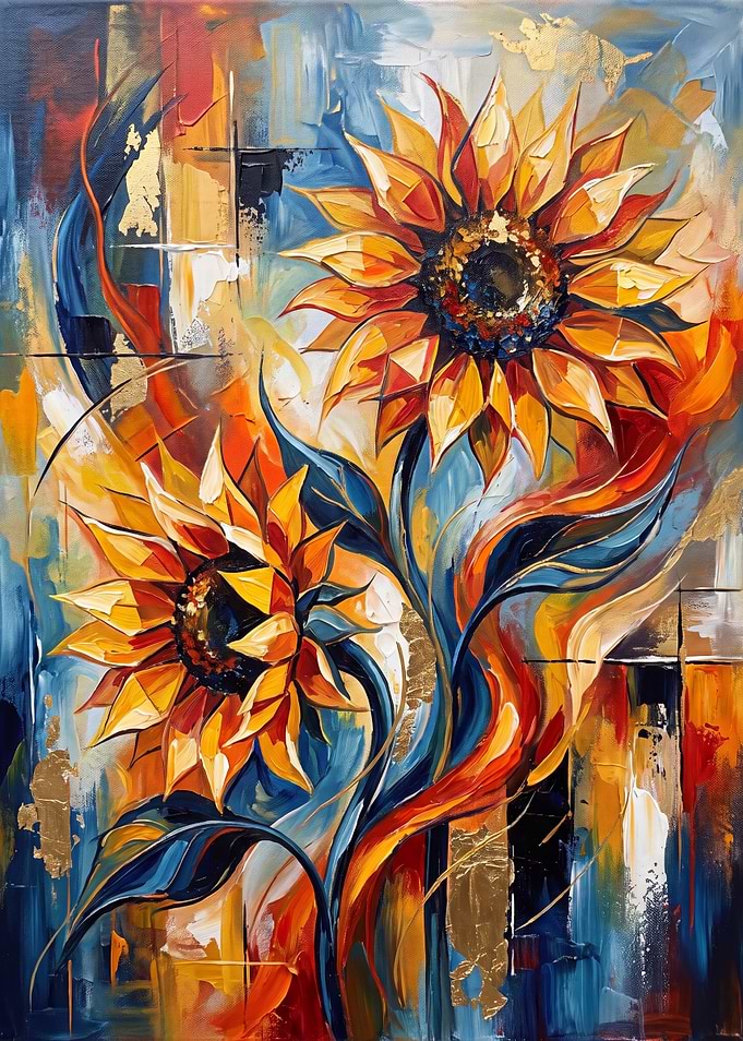 Abstract Sunflowers with Gold Accents