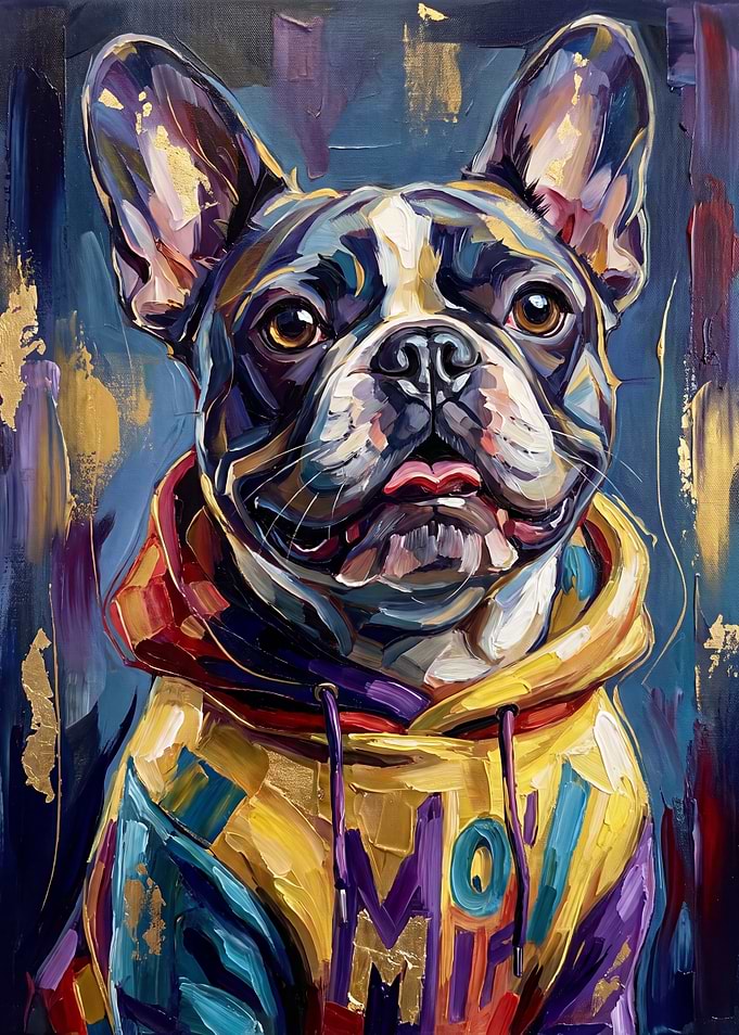 French Bulldog in Colorful Hoodie Painting