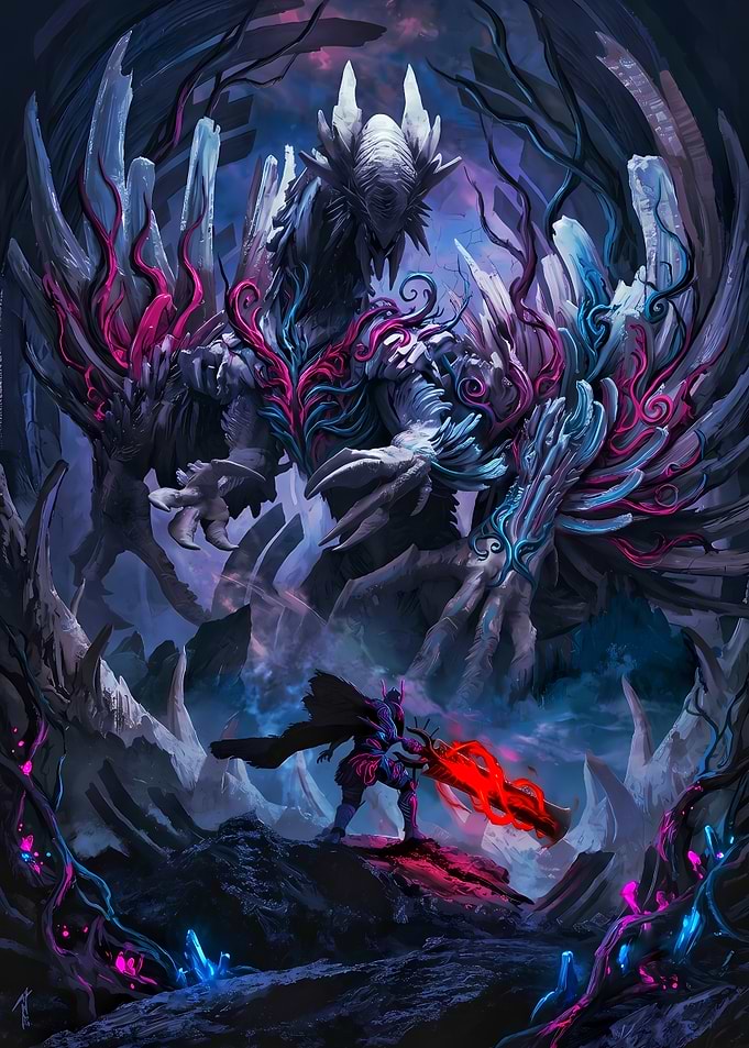 Warrior Facing a Cosmic Dragon Monster