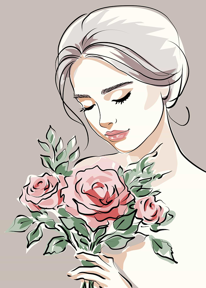 Woman Holding Pink Roses Illustration