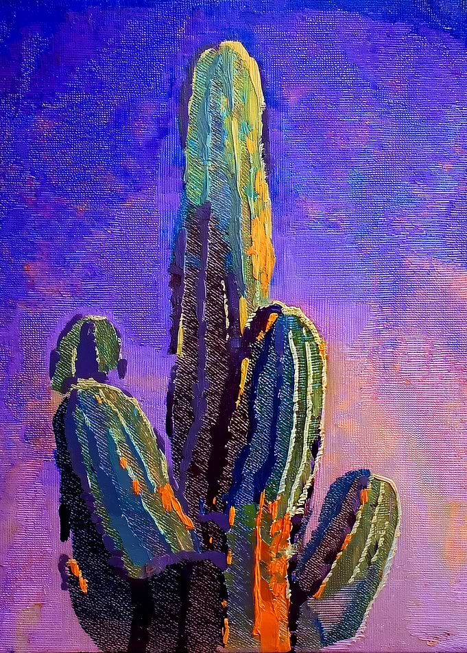 Impasto Painting of Saguaro Cactus at Dusk, Minimal Art