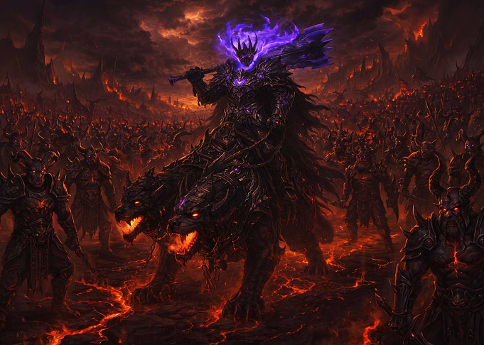Dark Knight Riding Three-Headed Hellhound