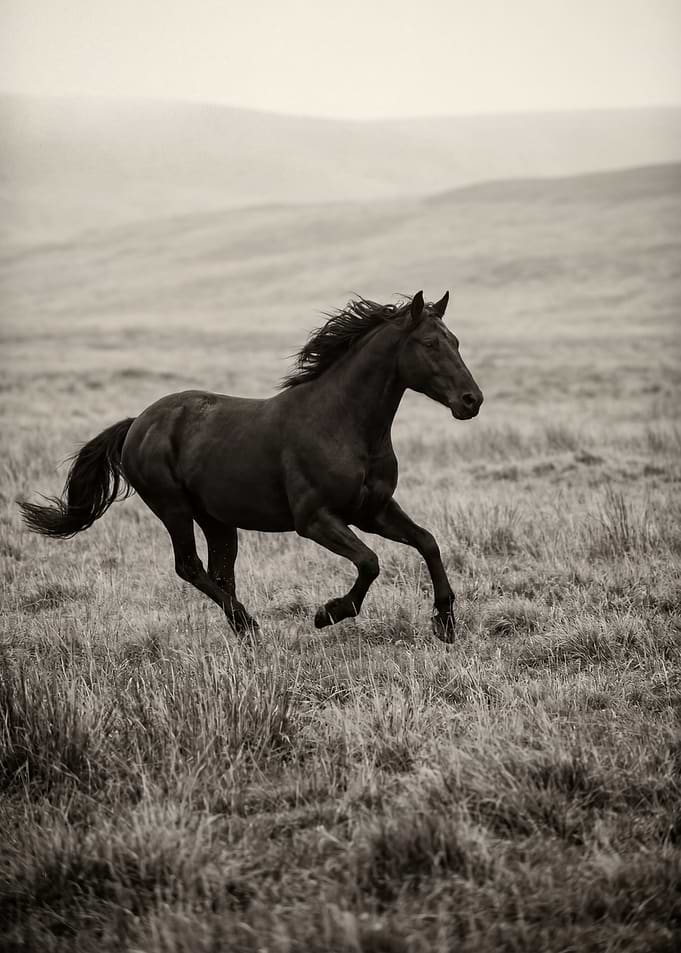 Black Horse Running in Field