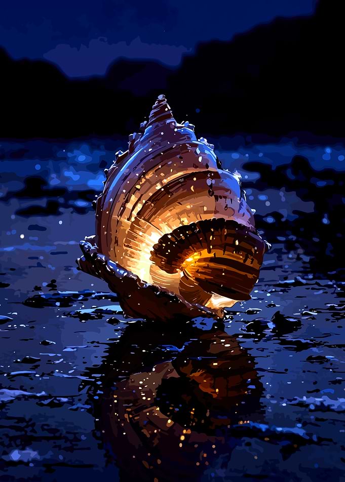 Glowing Seashell on Dark Beach