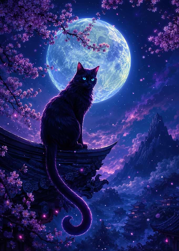 Black Cat Under Moonlight and Sakura