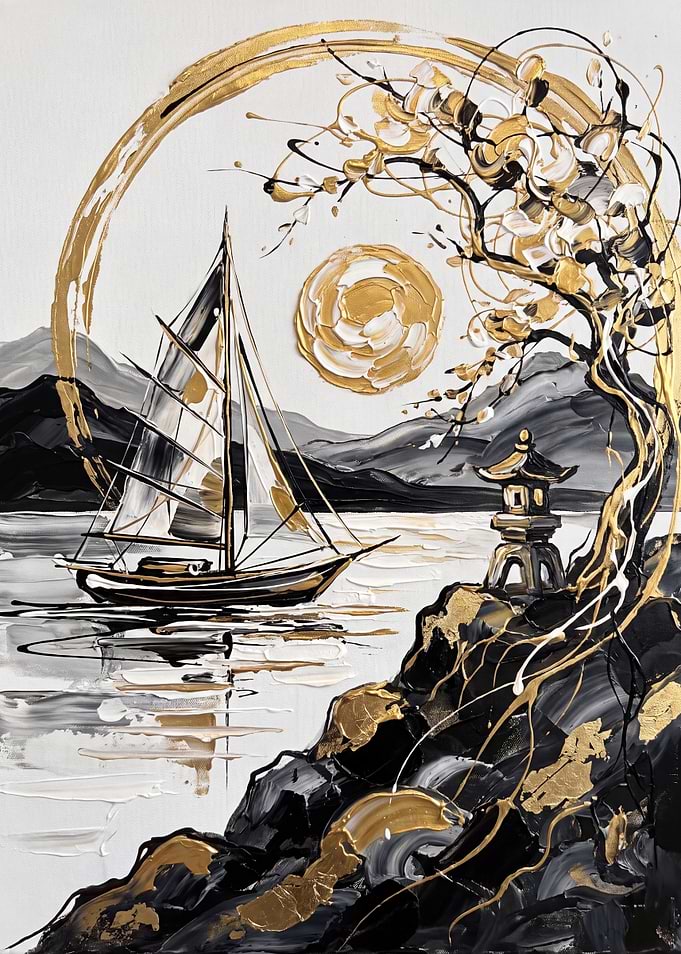 Abstract Gold and Black Seascape Painting