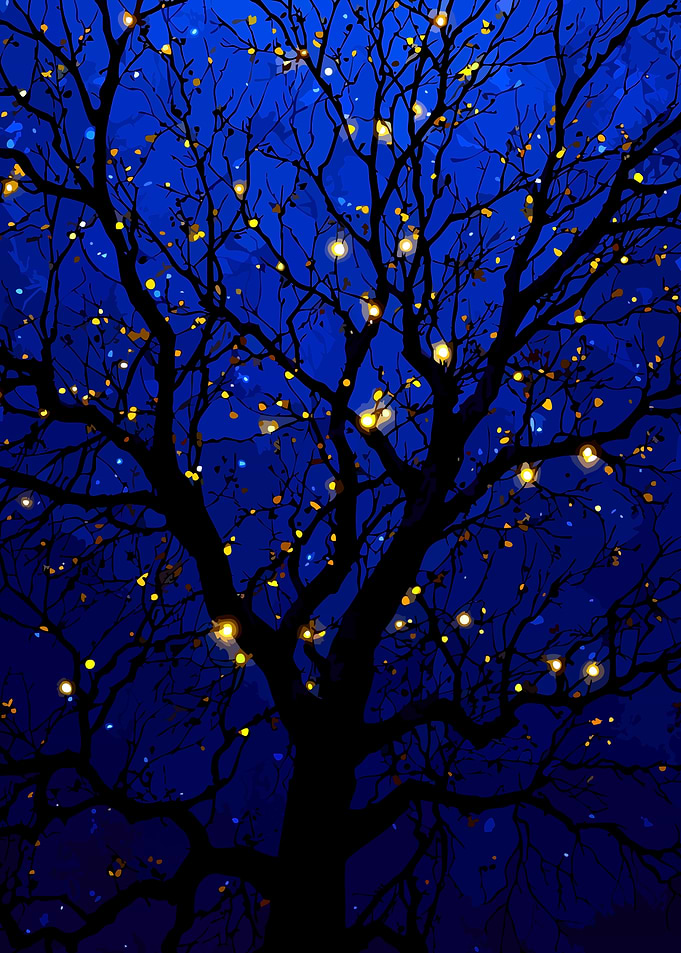 Glowing Golden Lights in Dark Tree